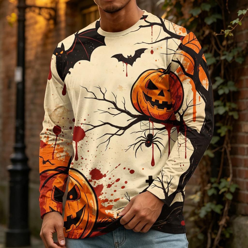 Men's Halloween Print Long Sleeve Neck T-Shirt Loose Fit Casual Top