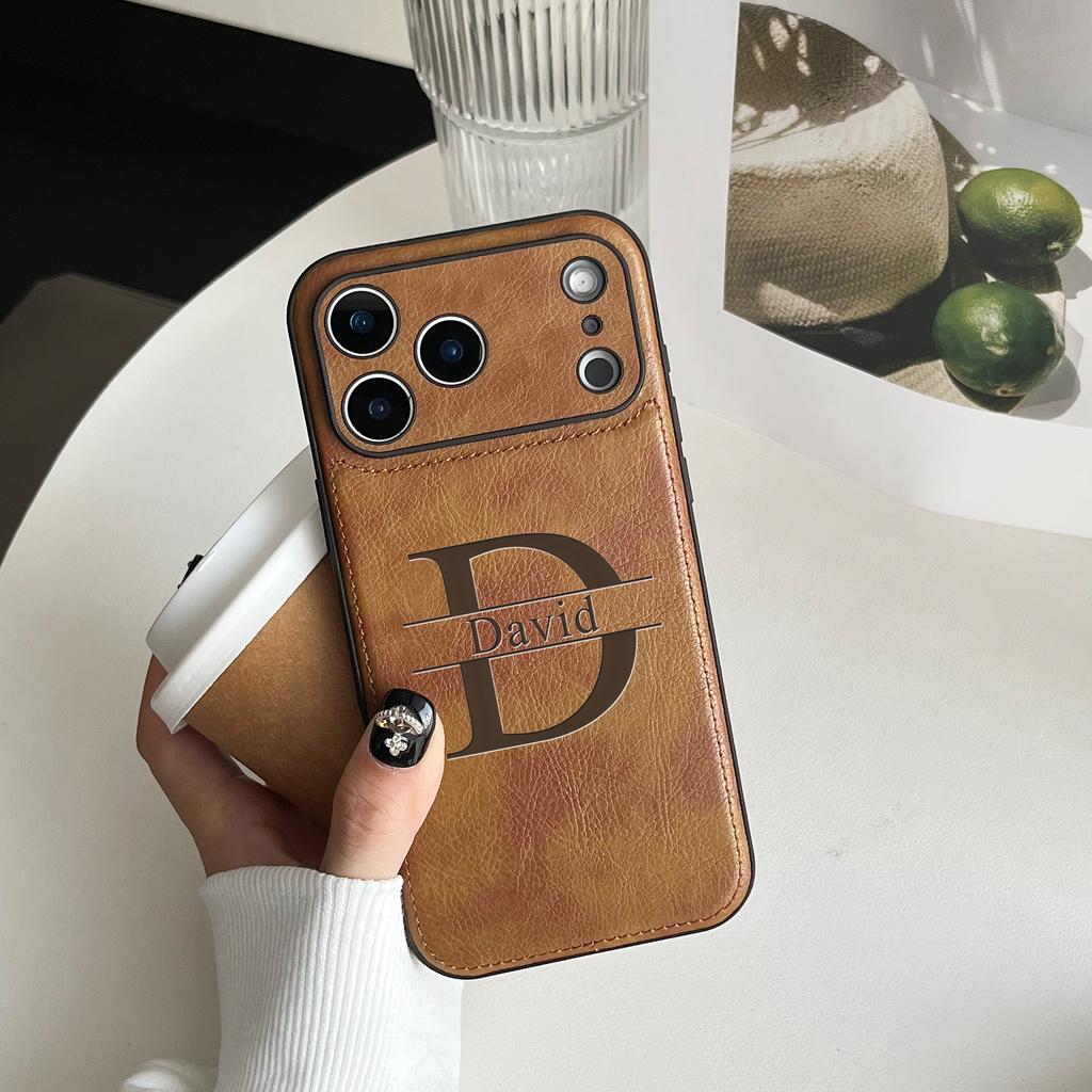 Custom Big Letters Name Laser Engraving Faux Leather Business Phone Case For iPhone 11 12 13 14 15 16 17 Pro Max 17 Air Plus