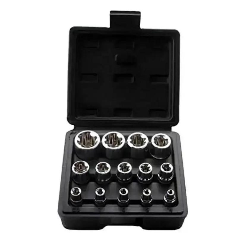 1 Set Female E Torx Socket Set With Case, 1/4, 3/8, 1/2 In. Drive E4-E24 External Torque Star Socket Kit, 14Pcs