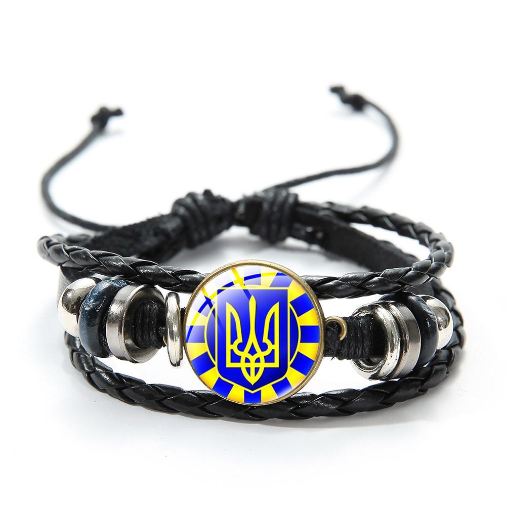 Ukrainian Flag Glass Charm Bracelet Blue Yellow Trident Graphic Vintage Handmade Woven Leather Beaded Bracelet