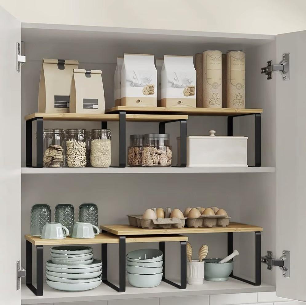 Bamboo Kitchen Shelf for Countertop Spice Organizer Standing Rack 2 Pcs
