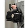 IELGY Women's Chain Patent Leather Locomotive Black Handheld Shoulder Crossbody Bag