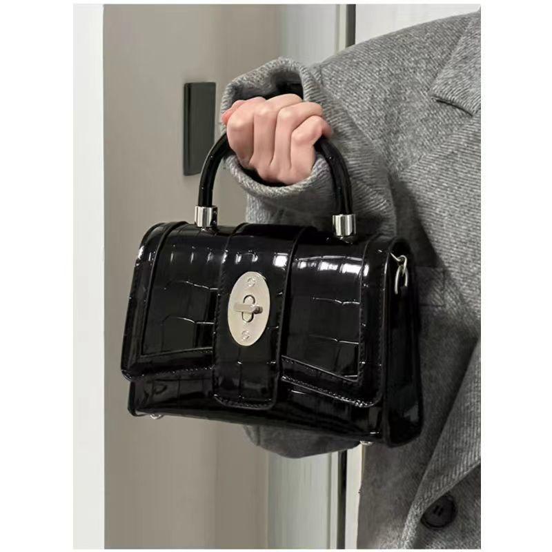 IELGY Women's Chain Patent Leather Locomotive Black Handheld Shoulder Crossbody Bag