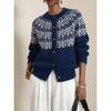 Womens Fair Isle Knit Cardigan Sweater Loose Fit Round Neck Warm Long Sleeve Outerwear