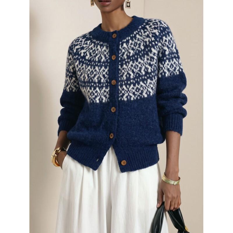 Womens Fair Isle Knit Cardigan Sweater Loose Fit Round Neck Warm Long Sleeve Outerwear