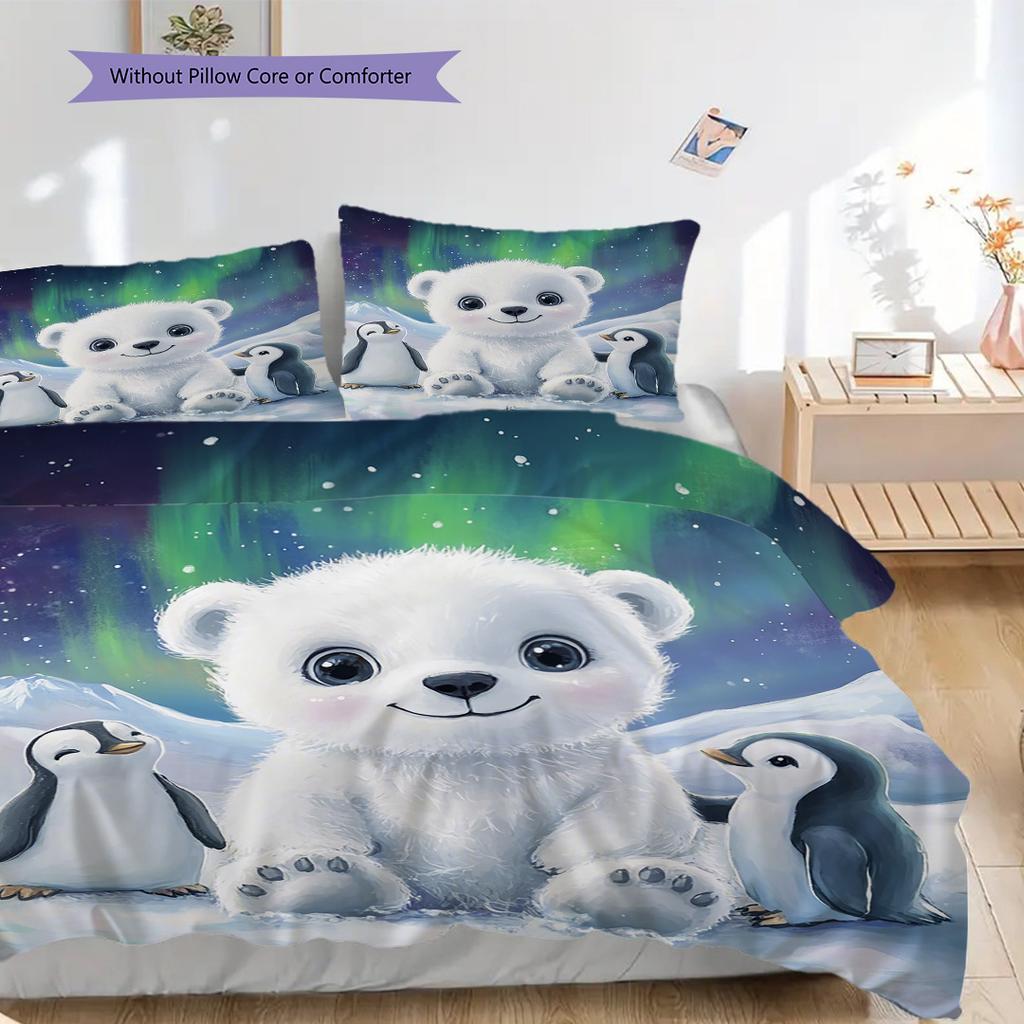 Polar Bear Pattern Bedding Quilt Set Quilt Cover Pillowcase Home Decoration Birthday Gift (1 * Duvet Cover + 2 * Pillowcase, Without Core)