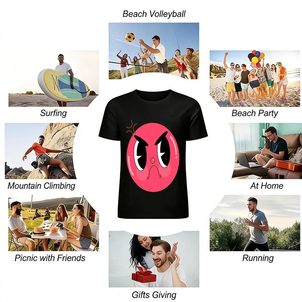 Cute Angry Red Face Cartoon Print T-Shirt Unisex Casual Loose Crew Neck Cotton Top Pure cotton T-shirt