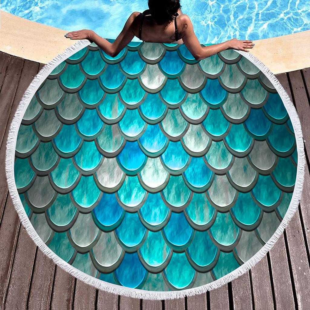 Mermaid Scales Round Beach Towel Circle Beach Blanket Soft Polyester Pool Towels Absorbent Quick Dry Sand Free Picnic Yoga Mat