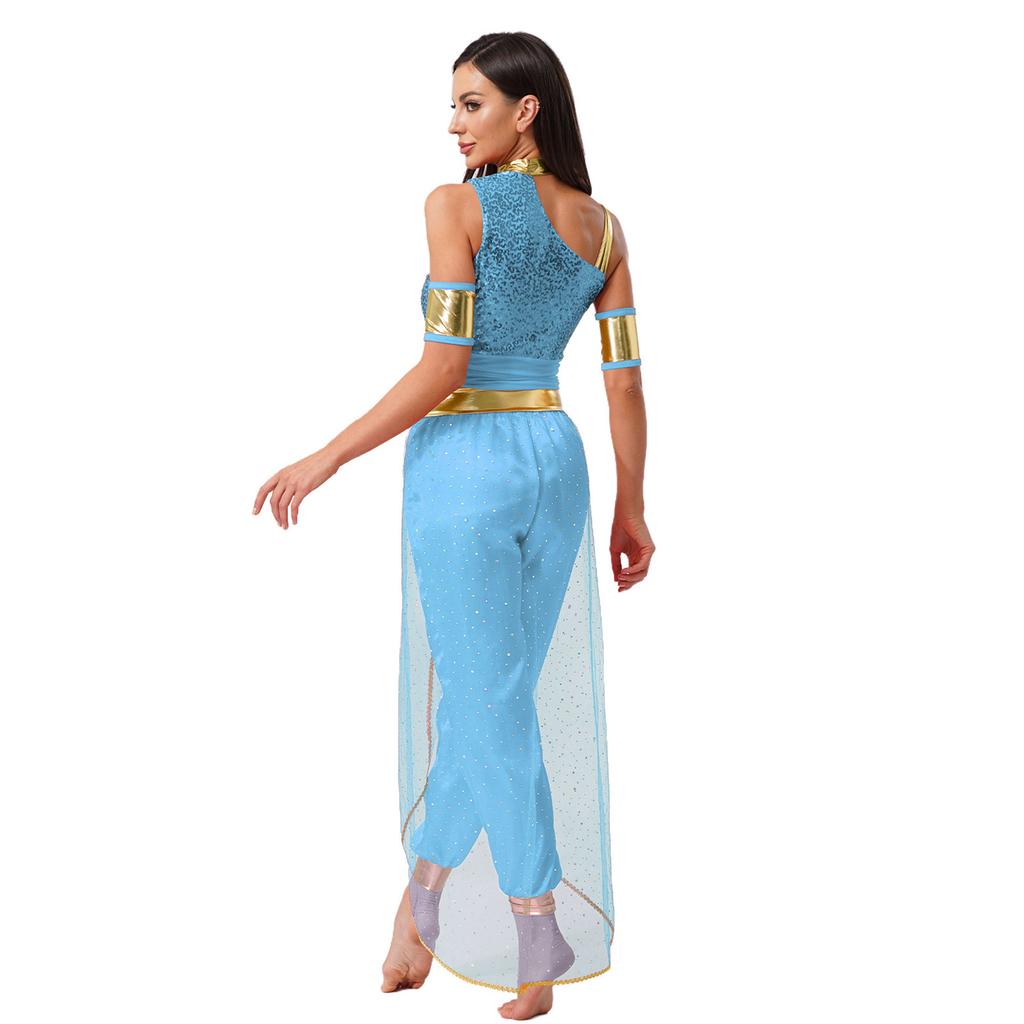 Womens Arab Princess Costume Belly Dance Design Gem Decor Contrast Color Shiny Tulle Overlay Jumpsuit