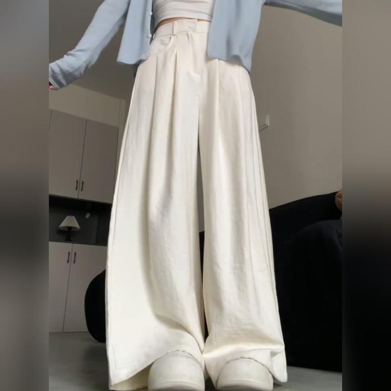 White Wide-Leg Pants for Women - Summer Drapey High-Waisted Loose Slimming Tailored Trousers