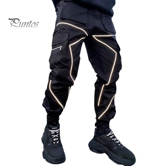 

Мужские брюки-карго с полосками на щиколотках, светоотражающие, с несколькими карманами, свободные повседневные прямые брюки для занятий спортом на открытом воздухе, для бега, кемпинга M чёрный