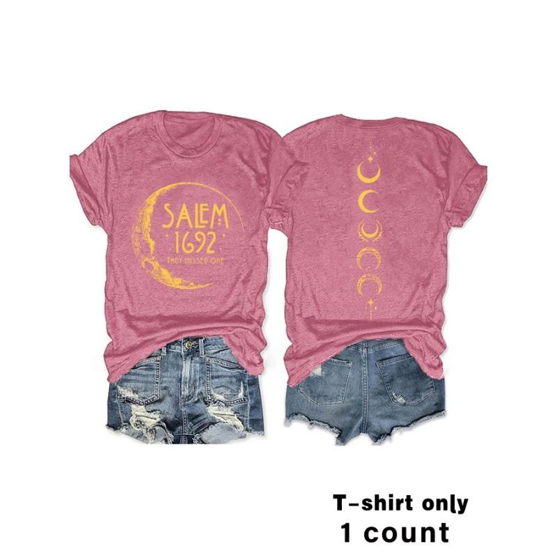 Women's Summer Moon and Letter Round Neck Pullover Short Sleeve T-Shirt