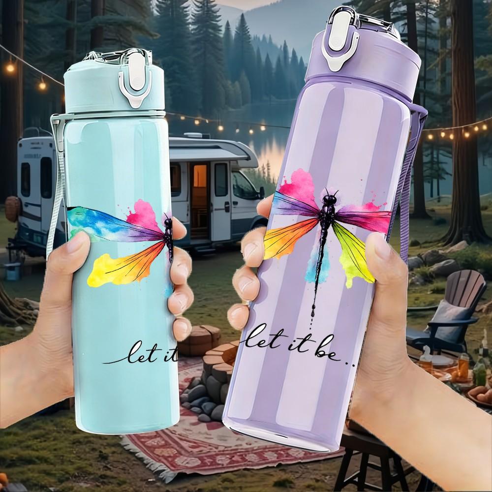 1PC Colorful Dragonfly Minimal Line Print 750ml Color Plastic Sports Water Bottle Leakproof Flip Straw Lid Suitable for Sports Office Home Use