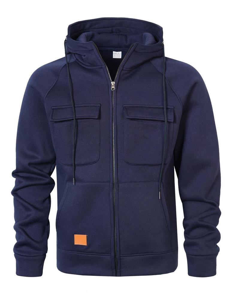 Men's Multi-Pocket Zip-Up Hooded Cardigan: European/American Style, Loose Fit, Stand Collar, Perfect for Spring, Autumn, Winter.
