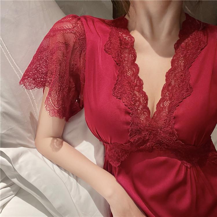 Dámské noční košile Elegantní palácový styl Princezna Dlouhá noční košile Spodní prádlo Letní Krátký rukáv Noční košile Saténová Hedvábná Domácí šaty