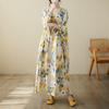 Real Shot, Spring Round Neck Loose Large Size Fat MM Literary Holiday Style Fattened and Enlarged Printed Long-sleeved Dress