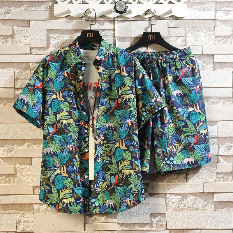 2026 Men's Cotton Beach Vacation Set, Shirt with Matching Drawstring Shorts, 11 Print Options Stylish Summer Suits, Asian Size