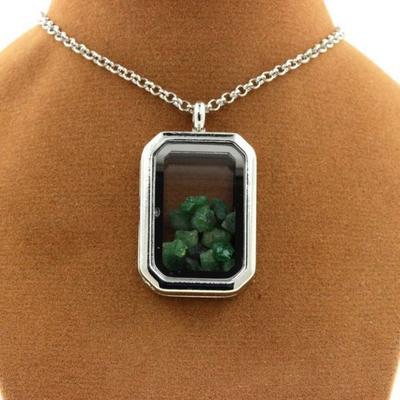 Stones and Minerals. Raw Tsavorite Garnet Necklace. Rectangular Model with Cut Sides.