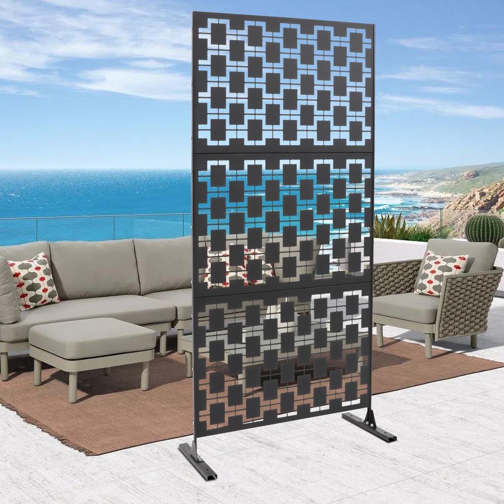 Modern Black Grid Privacy Screen Fence, Free Standing Outdoor Decorative Panel with Steel Frame, Metal Partition Wall for Garden