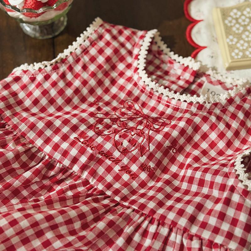 Summer Girls Sleeveless Plaid Dress With Cartoon Strawberry Embroidery Ruffled Tiered Cake Skirt Vest