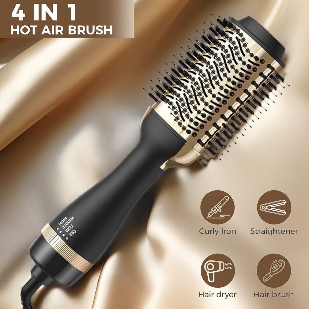4-in-1 Hot Air Brush for All Hair Types – Professional Volumizer and Styler with Curly Iron, Straightener, and Dryer Attachments, Ergonomic Handle