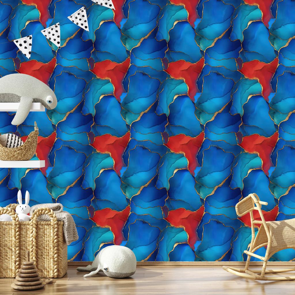 Ink Blue, Turquoise and Red Wallpaper for Living Room and Bedroom 50x1000