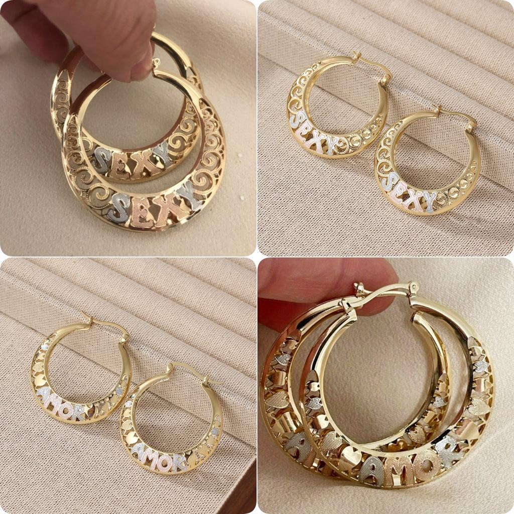 Round Golden Plated Hollow Letter Design Hoop Earrings Women's Vintage Exquiaite Jewelry Daily Festival Gifts Acessories