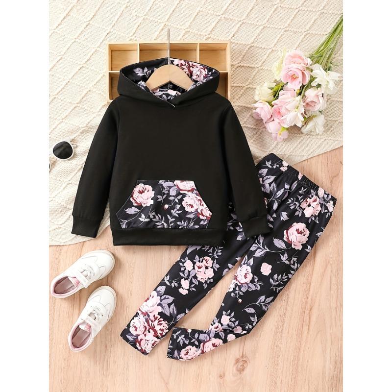 

Комплект из 2 предметов: Детская осенняя черная толстовка с капюшоном и длинными рукавами и пуловер с модными брюками с розовым нерегулярным цветочным принтом для девочек 100cm