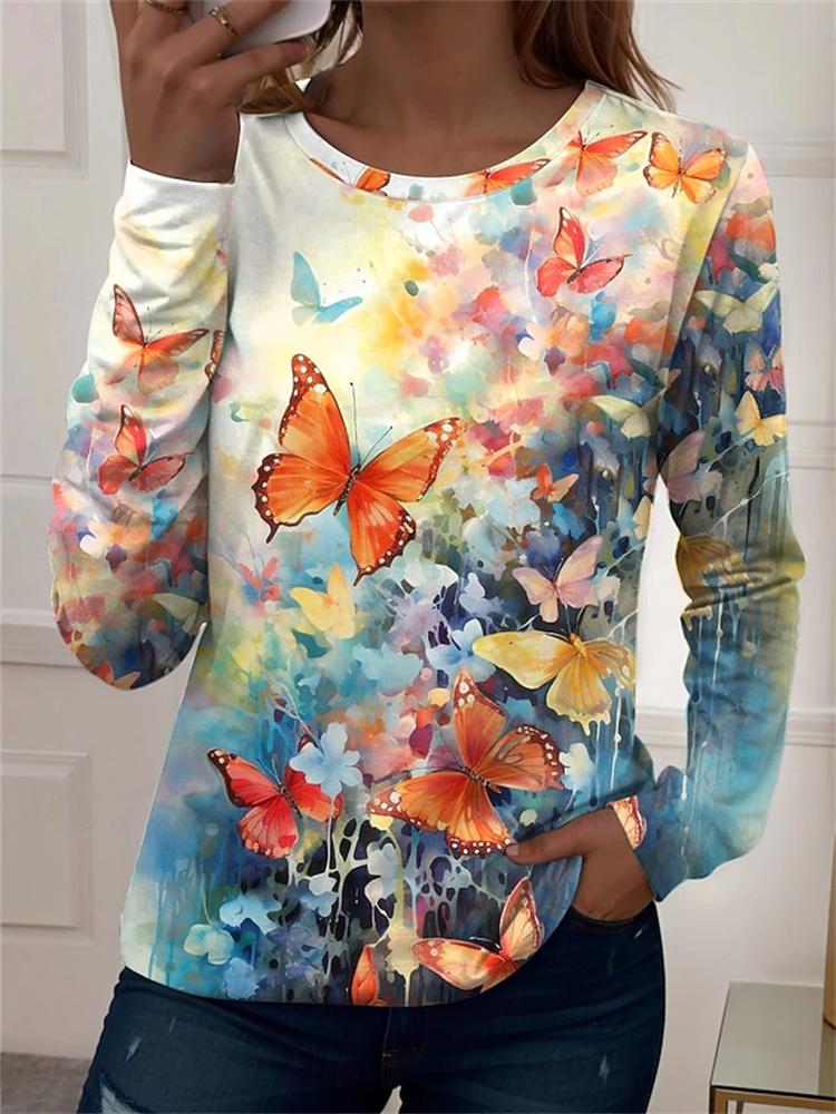 New Autumn Women's Long-Sleeved 3D Abstract Art Print Crew Neck Casual T-Shirt Fashionable and Trendy Street Style Top