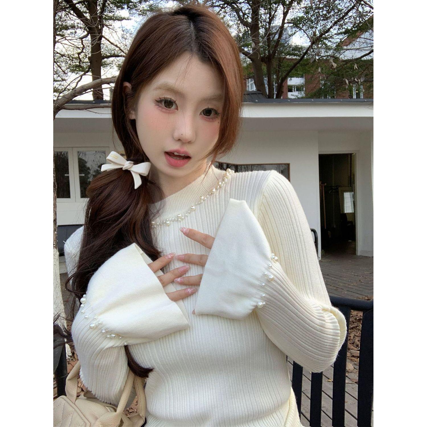 

Exquisite Beaded French Bell Sleeve Slim-Fit Knitted Sweater Top for Women One Size