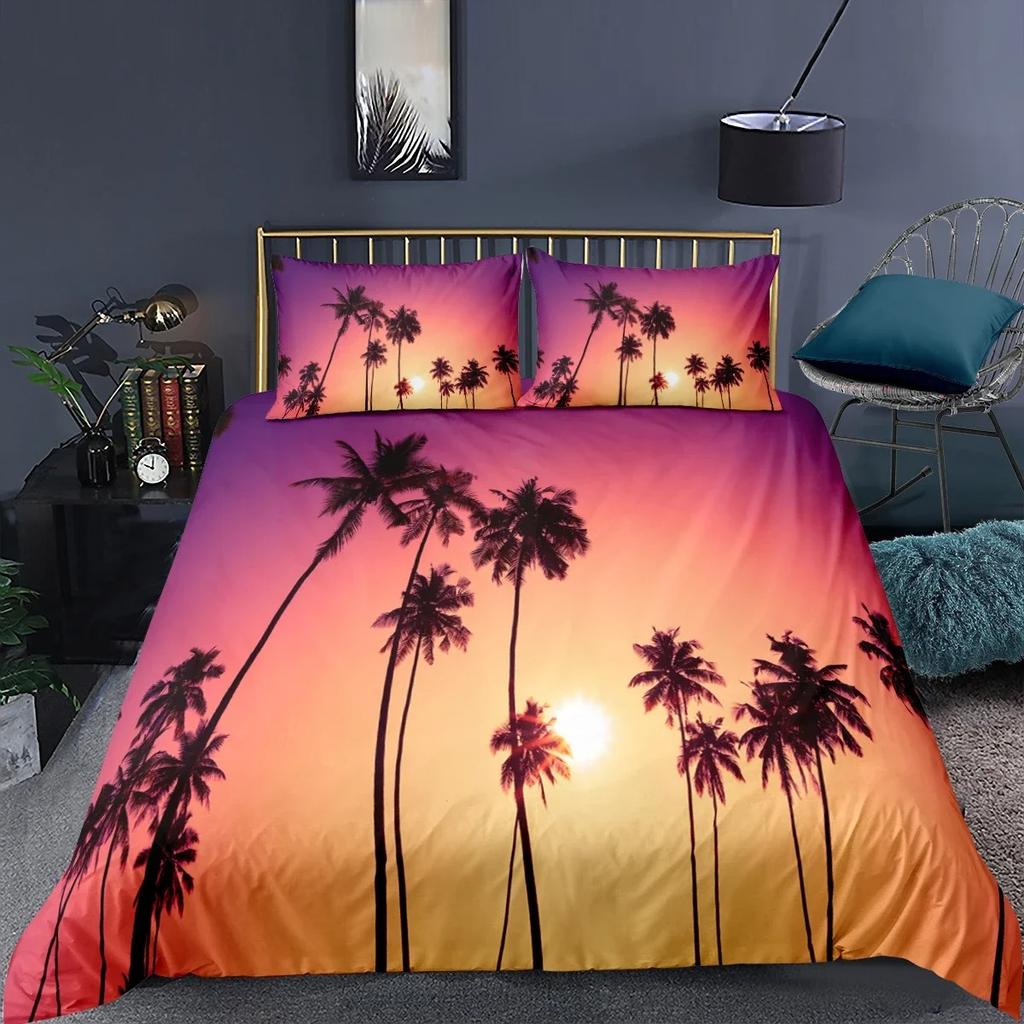 Palm Coconut Tree King Queen Duvet Cover Ocean Blue Sky Bedding Set Sea Landscape Beach Sunset 2/3PCS Polyester Comforter Cover