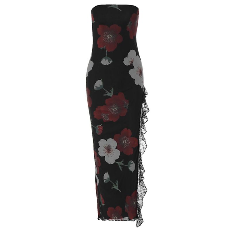 2024 European and American Retro Style Print Tight Strapless Dress Sexy Lace Split Mid-Length over-the-Knee Dress