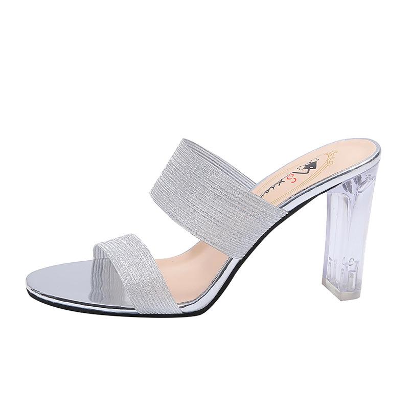 High-heeled cool slippers women's summer new thick-heeled one-word sandals lazy half slippers