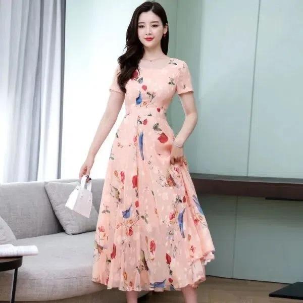 Short-sleeved Printed Ice Silk Dress Temperament 2026 Summer Women's Clothing New Fashion and Thin Floral Medium and Long Dress Age Reduction