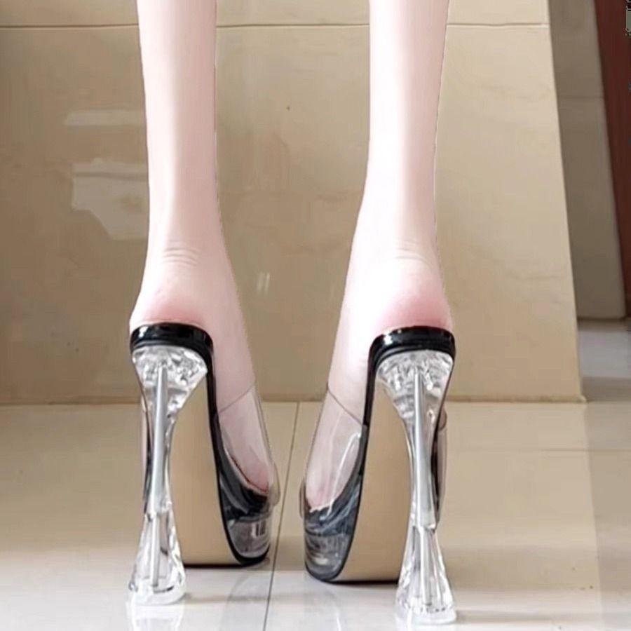 Super High Heels Thick Heels Catwalk Shoes New Small Transparent Crystal Pole Dancing Women's Shoes One Word with Sandals