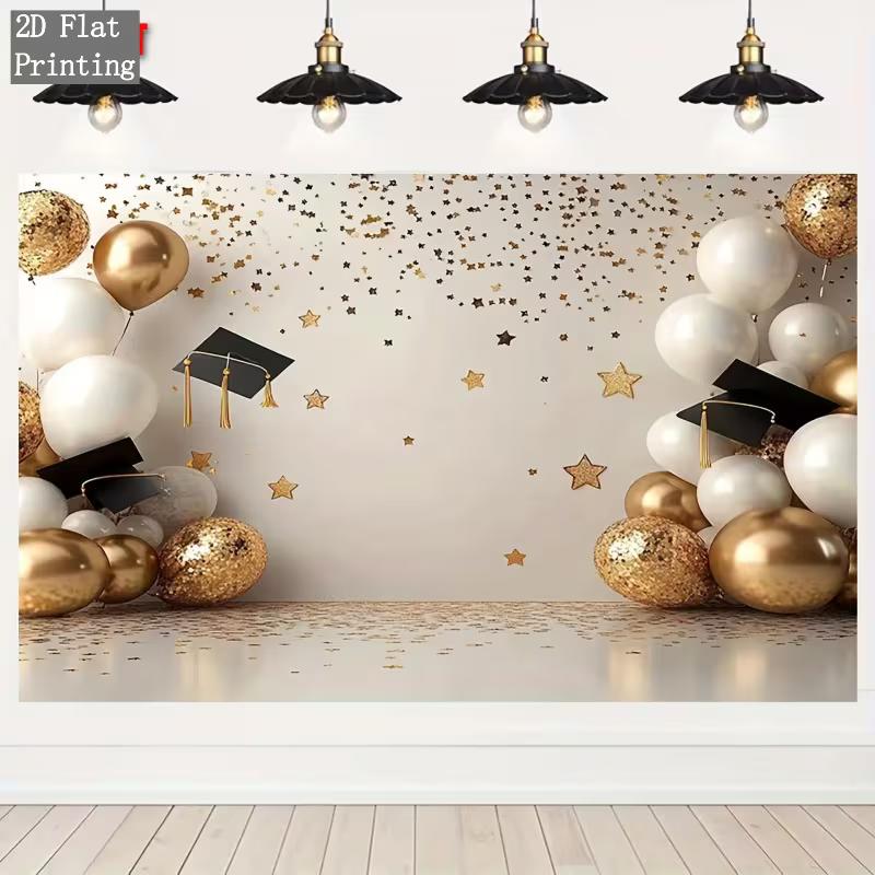 2D Graduation Backdrop, Gold White Balloon Cap Confetti Photo Background Banner