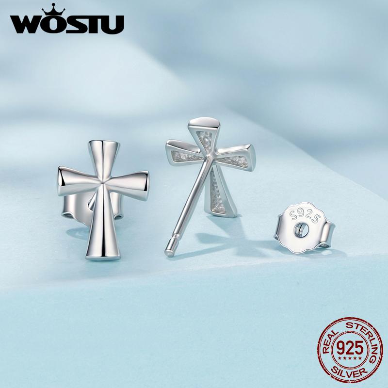 WOSTU Solid 925 Sterling Silver Simple Cross Stud Earrings For Women Daily Wear Guard Ankh Egyptian Ear Studs Jewelry Gift