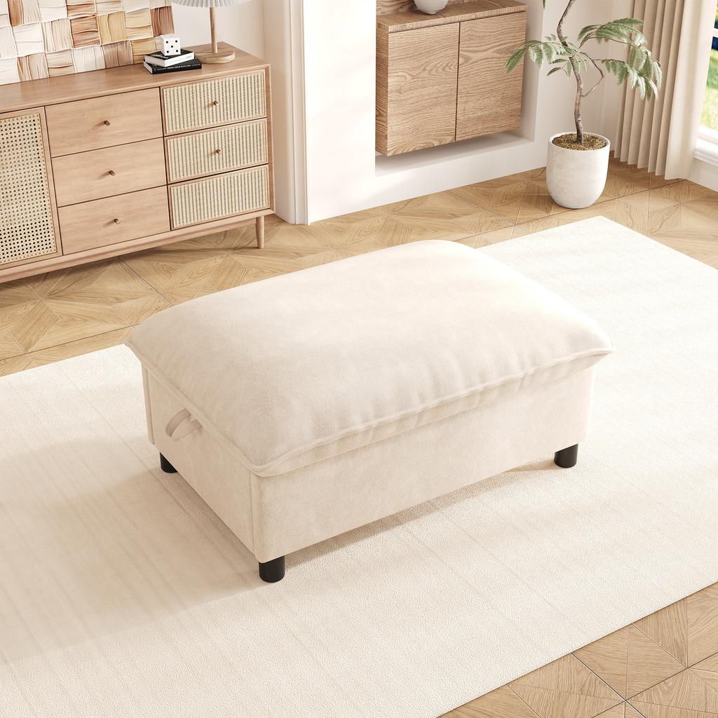 Sofa Stool with Storage, Chenille, Padded Footstool Bench with 8 Cm Legs, Versatile Seat Cushion for Living Room, Bedroom, Beige, 98x65x48 Cm