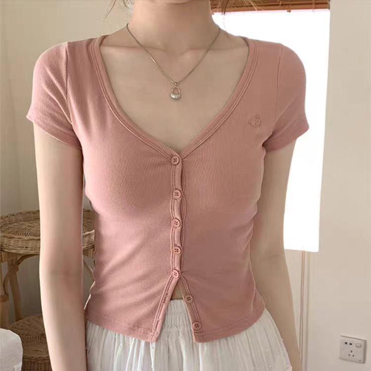 

Spicy Girl V-Neck Embroidered Short-Sleeve Cardigan: Summer Slim-Fit Korean Style for Women S чёрный
