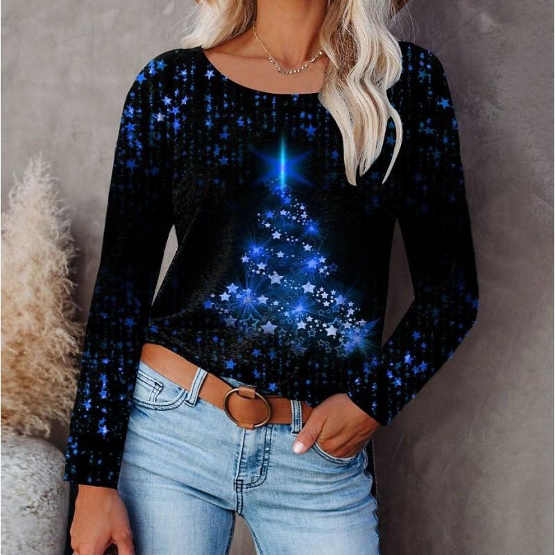 Womens Long Sleeve Loose Fit Christmas Tree Print T-Shirt Casual Round Neck Tee 2025 Fall
