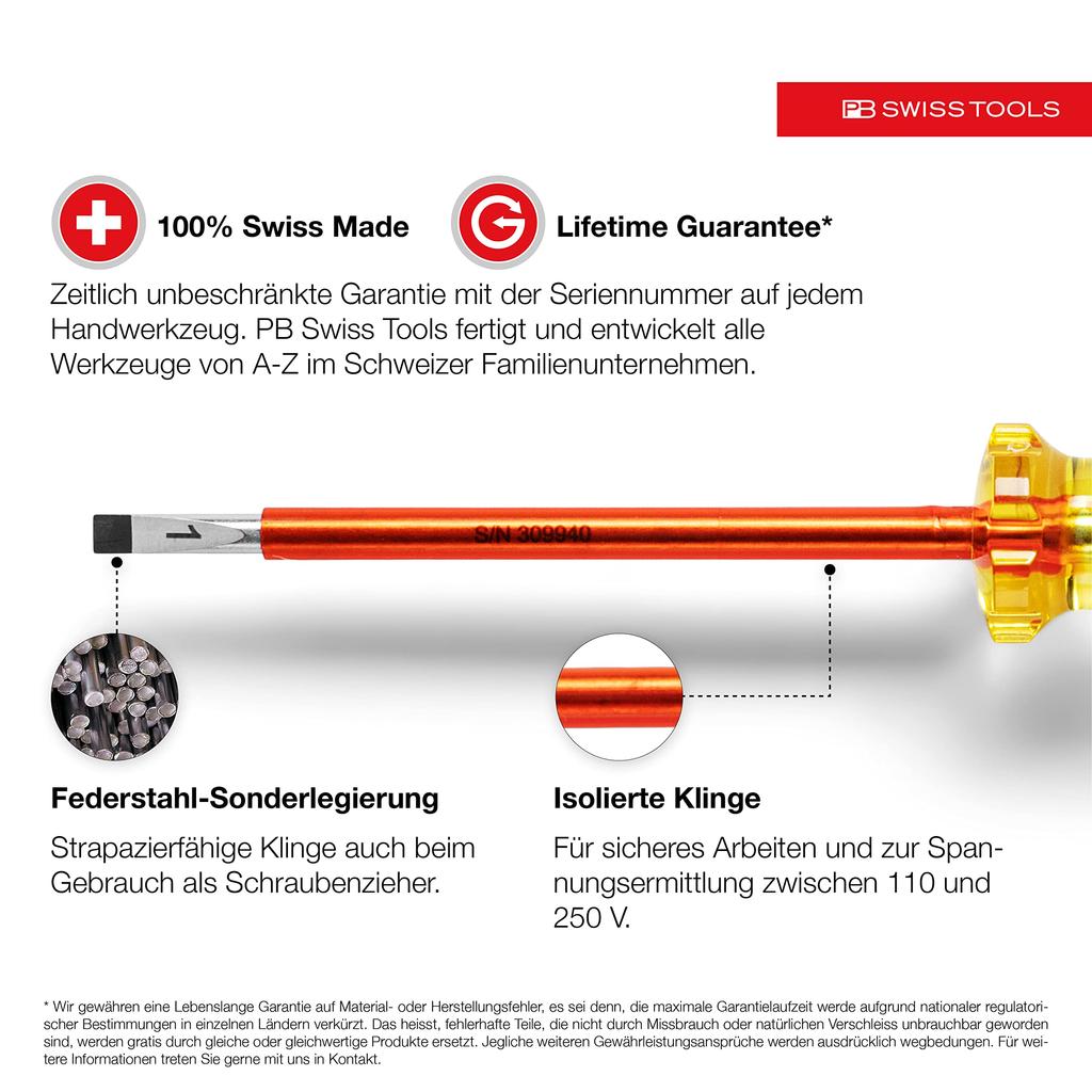 PB SWISS TOOLS Klassischer Griff Stromprüfer Flachkopf Klingenstärke x Klingenbreite Gesamtlänge Schraubendreher, 0,5 mm 3,5 mm, 175 mm, 175.1-75
