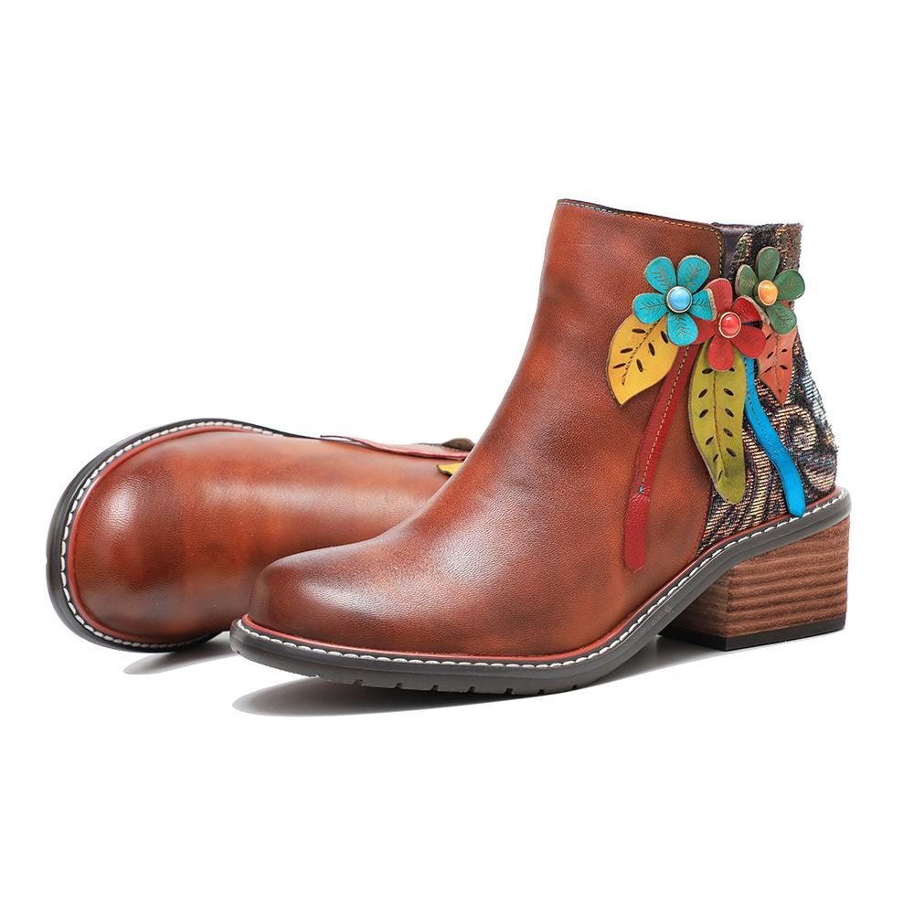 Johnature Genuine Leather Retro Shoes Women Short Boots Round Toe Patchwork Handmade Ankle Boots