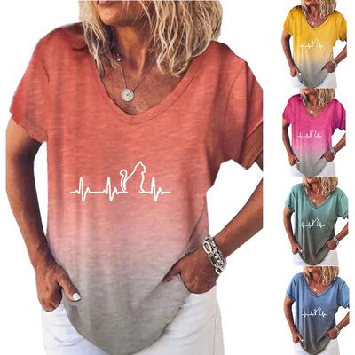 Fashion Spring  Gradient Print Blouses Short Sleeved V-Neck T Shirts Casual