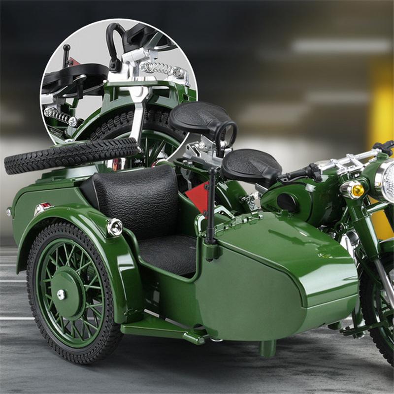 1/10 Legierung Retro Dreirad Beiwagen Motorrad Modell Druckguss Metall Klassisches Militär Motorrad Modell Sound und Licht Kinderspielzeug Geschenk