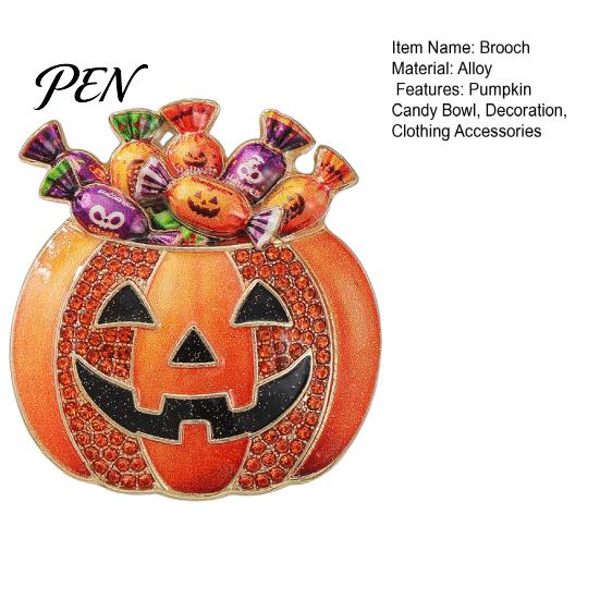Clothes Decorative Accessory Halloween Pumpkin Candy Bowl Brooch, Rhinestone Holiday Themed Brooch Holder Lapel Pin, Costume Jewelry Clothing