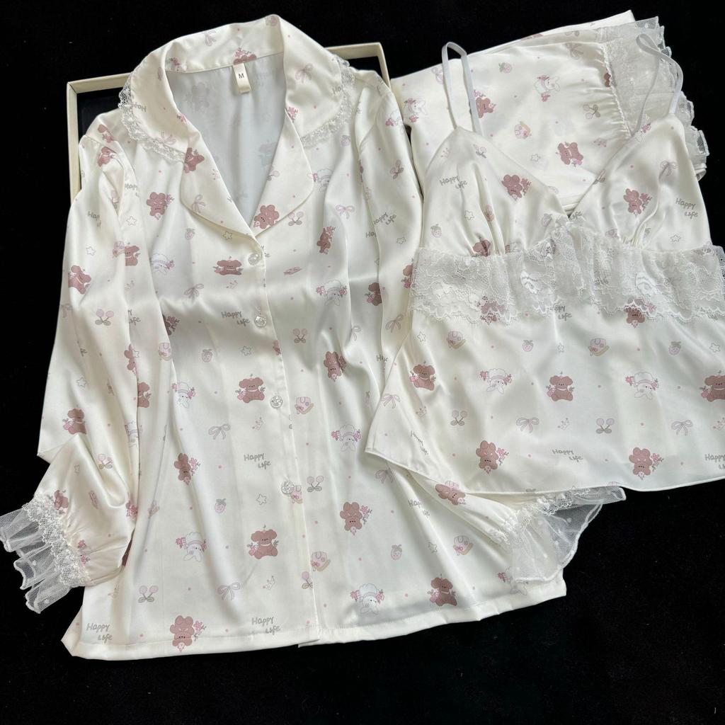 2026 Women's Ice Silk Floral Pajama Set: Long Sleeve Top, Long Pants, Lace Camisole with Bra Pads