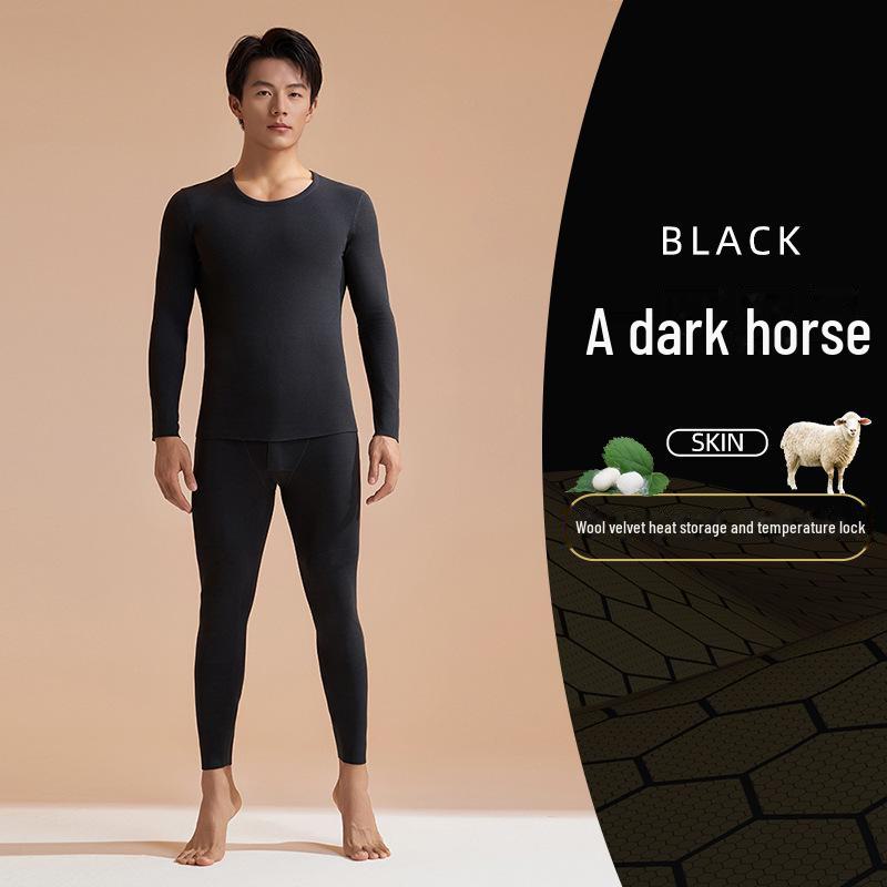 Men's Black Gold Cashmere Silk Thermal Underwear Set - High Elastic, Thick Autumn Round Neck Top and Pants