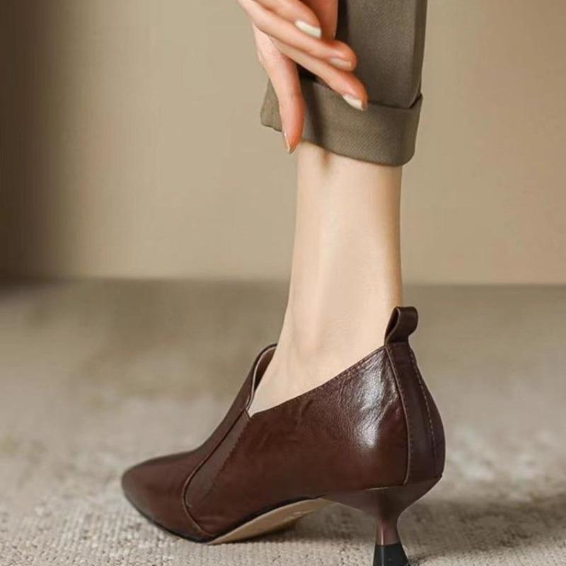 French Style Temperament Low-heeled Shoes Women's New Leather Pointed High Heel Pumps Retro Chunky Office Daily Footwears