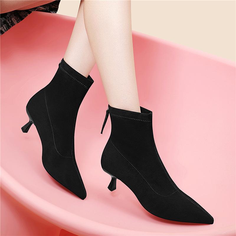 

Winter new velvet boots pointed tip thin heel thin elastic boots socks short boots cotton shoes 34