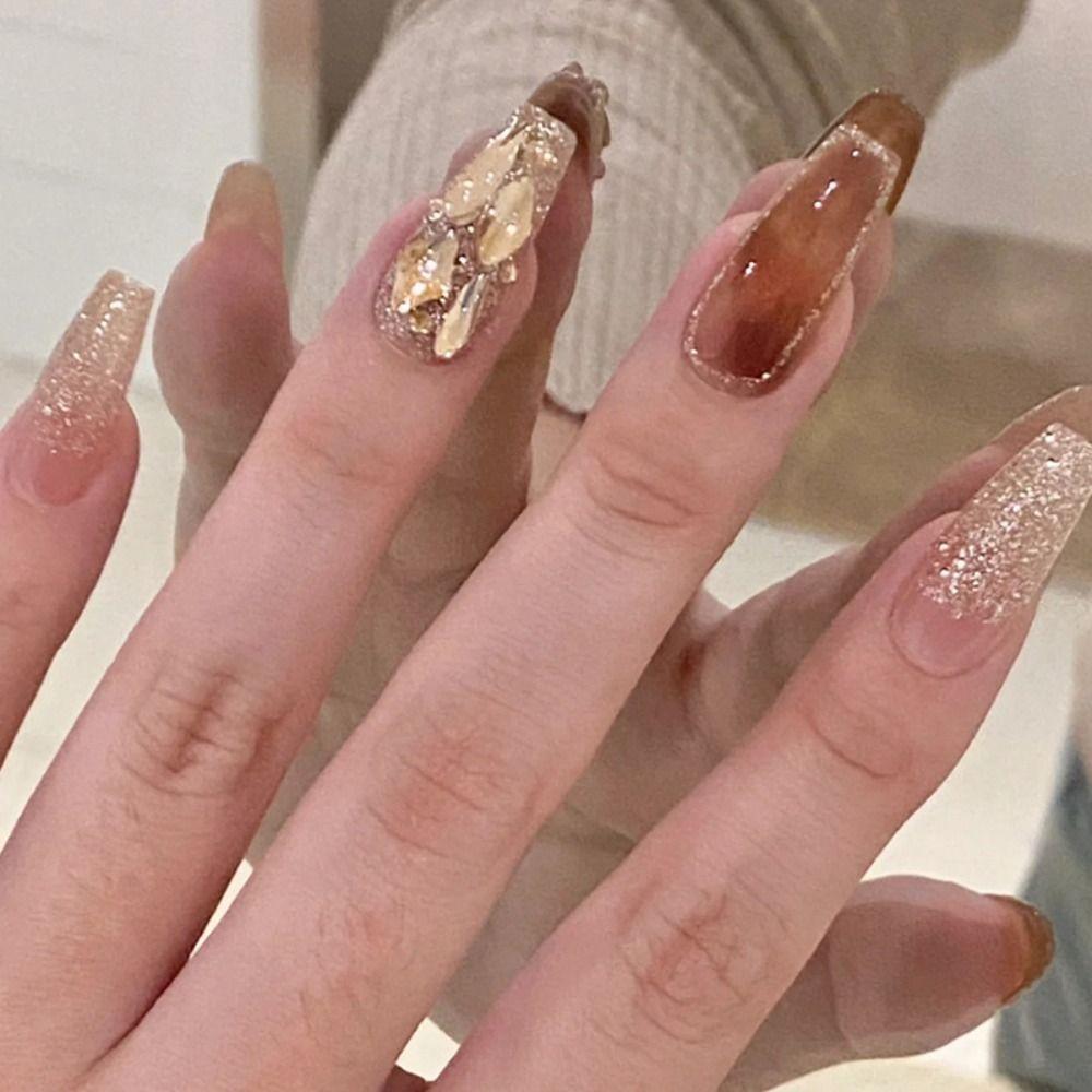 

Типсы накладные ниалы DIY Золотая волна Блеск Длинные балерины Французские накладные ногти Градиент Оранжевый Красный